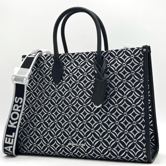 Michael Kors Mirella Medium Logo Tote Bag Black/Silver - Picture 1 of 9